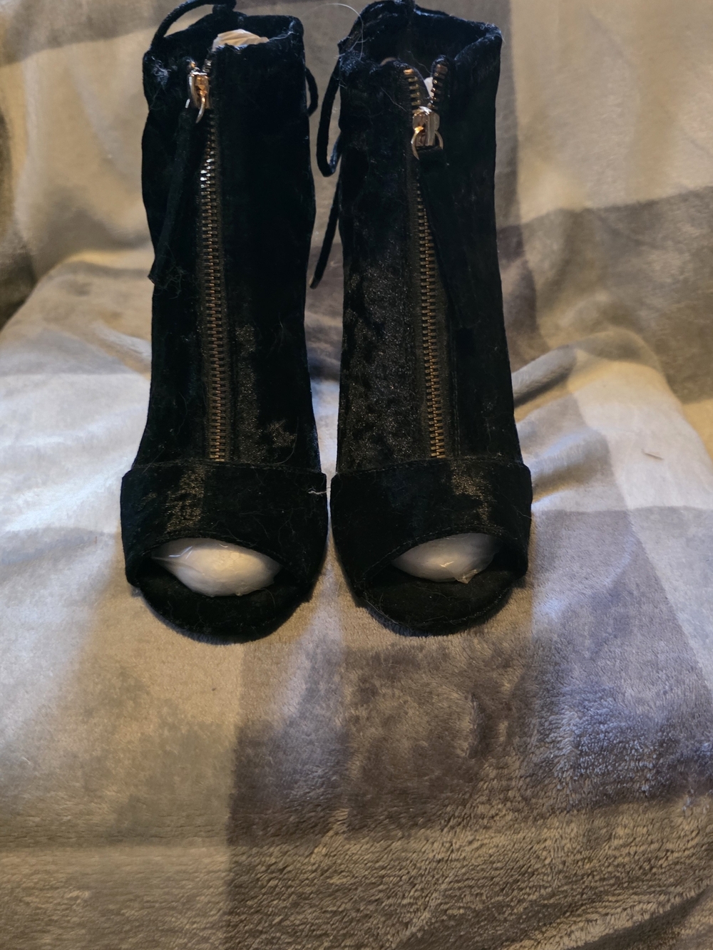 Cupid Black Velvet Peep-Toe Ankle Boots with Front Zip
